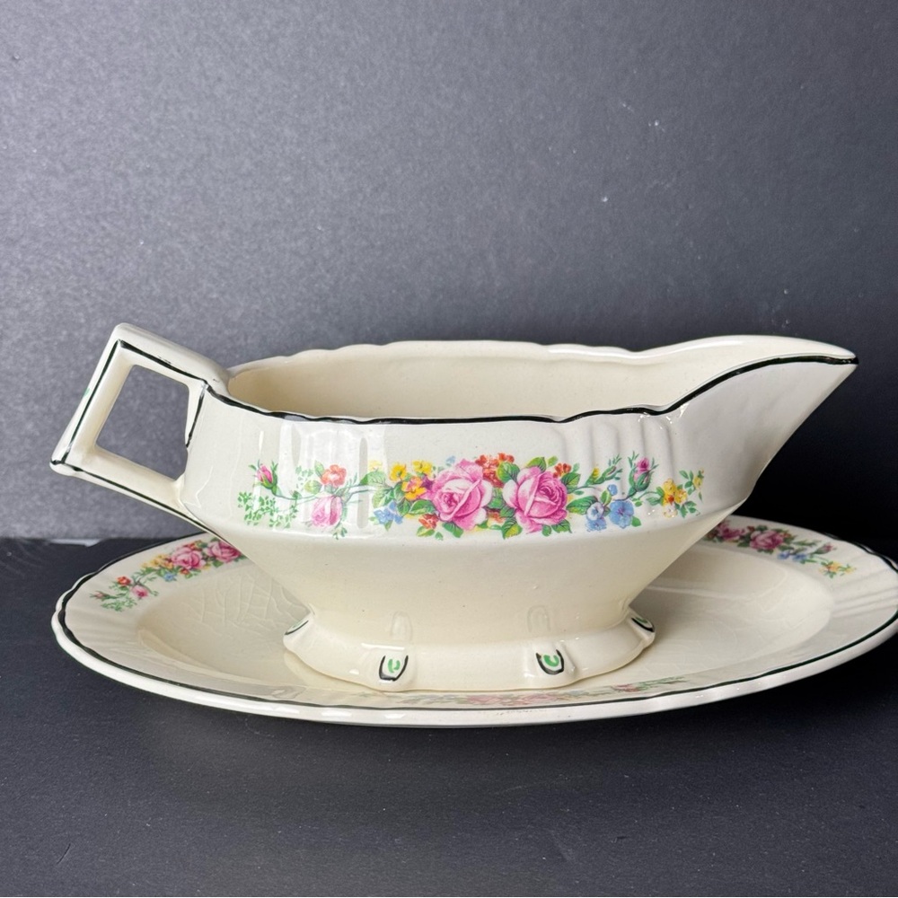 Vintage Myott Staffordshire Floral Cream Gravy Boat with Saucer England